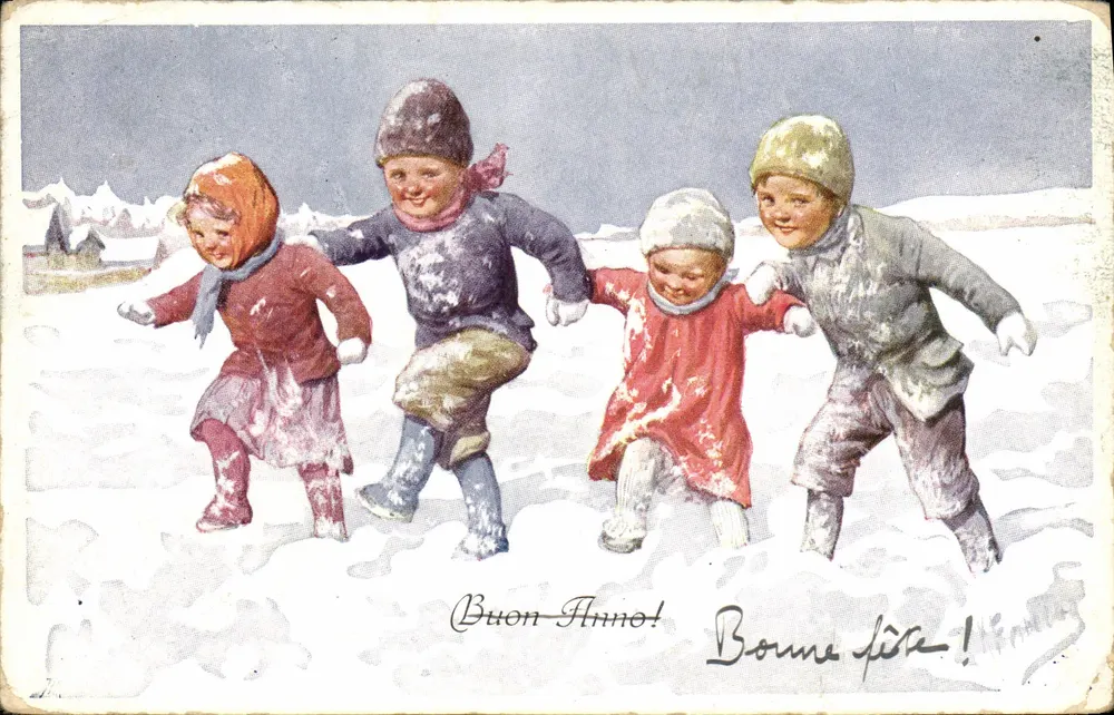 Kinder spielen im Schnee — winterliche Szene — Éditeur non visible - Vorderseite