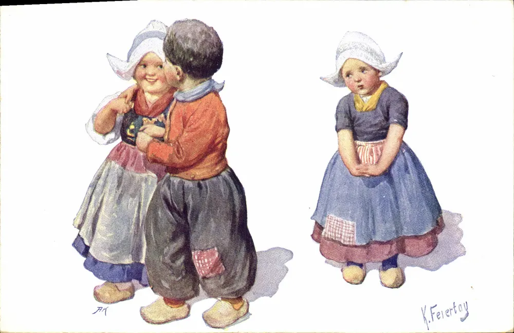 Kinder in traditionellen Kleidern — Illustration von K. Feiertay — Verlag B. K. W. I. 887-6 - Vorderseite