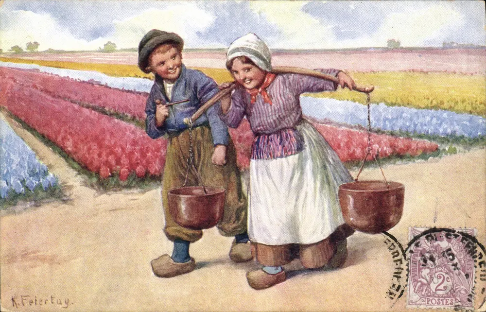Kinder, die Eimer tragen, in einem Tulpenfeld — K. Feiertag — Verlag B. K. W. I. Nr. 402-2 - Vorderseite