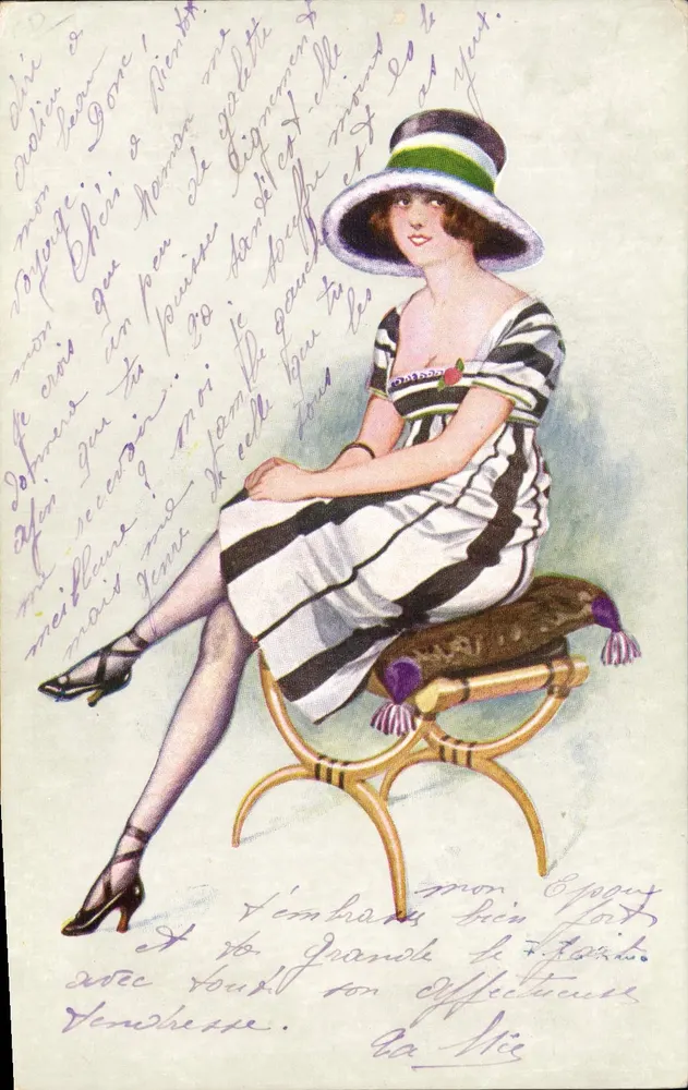 Frau in gestreiftem Kleid und Hut — Serie 59 - Nr. 3 — Neue kleine Frauen, von Fabino — R. & Cie, Imp. 21, Rue Joubert, Paris - Vorderseite