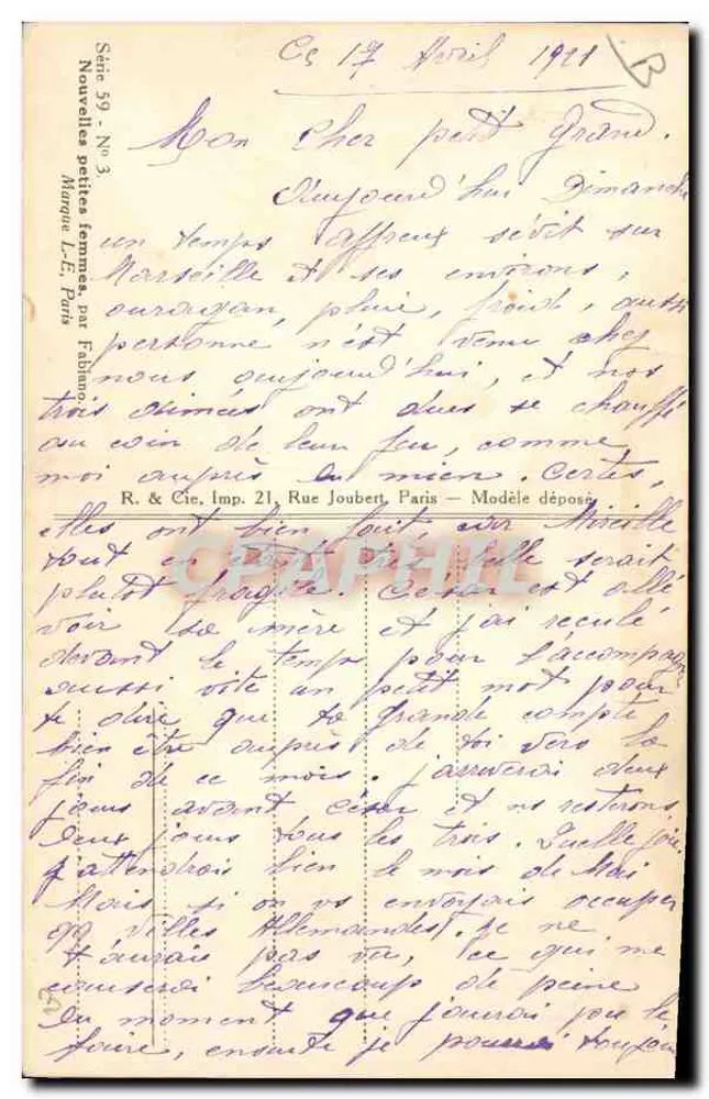 Frau in gestreiftem Kleid und Hut — Serie 59 - Nr. 3 — Neue kleine Frauen, von Fabino — R. & Cie, Imp. 21, Rue Joubert, Paris - Rückseite