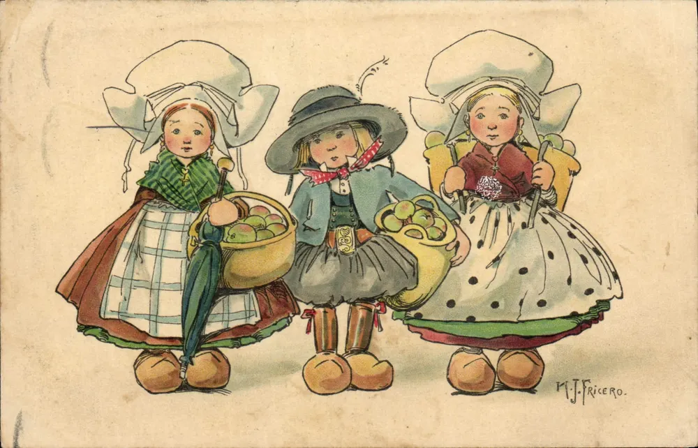 Drei junge Mädchen in traditionellen Kleidern — Illustration von M.J. Fricero — Verleger ED N° 396 - Vorderseite