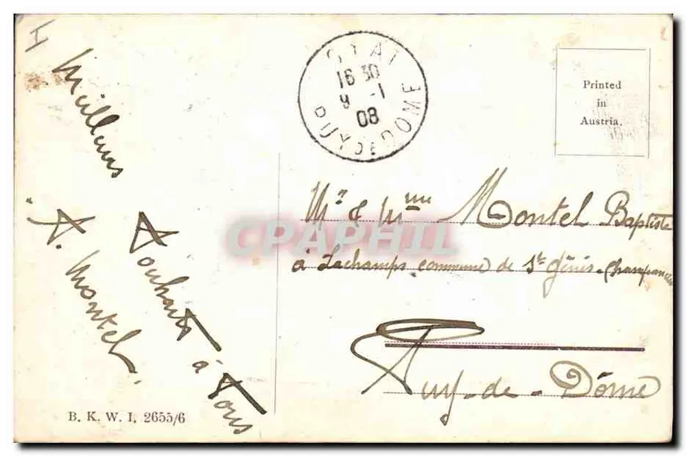 Femme et gnome de forêt — scène hivernale — éditeur 'Printed in Austria' (verso) - Rückseite