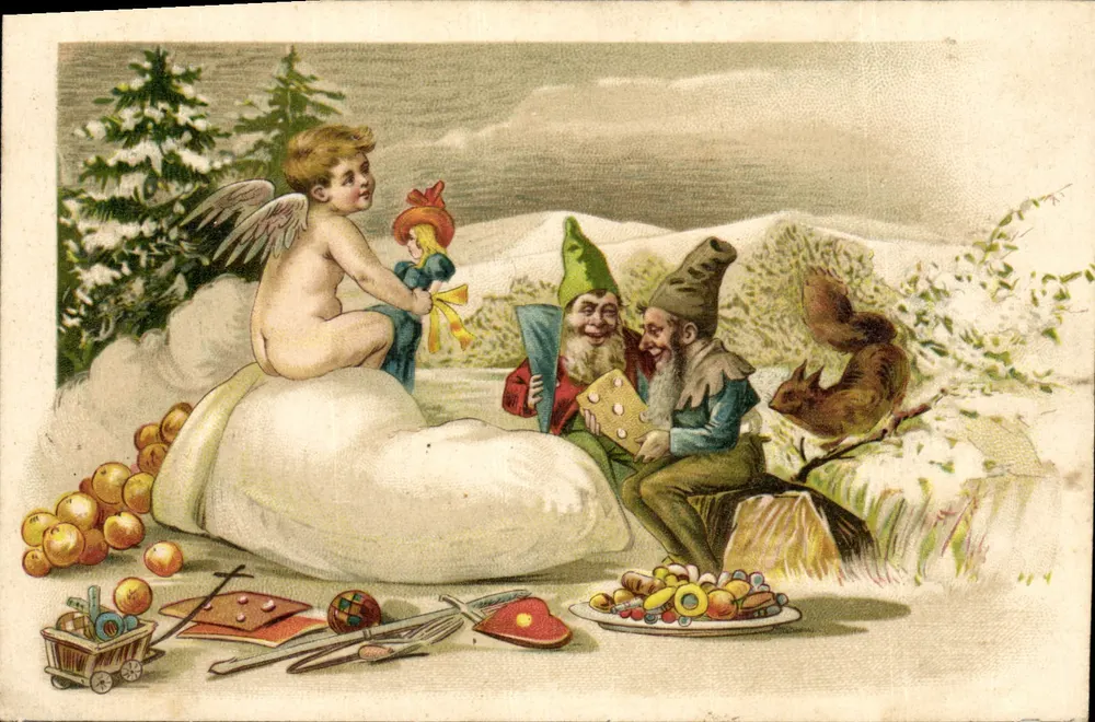 Buscadores de Natal — Crianças e duendes na neve — editor não visível - Frente