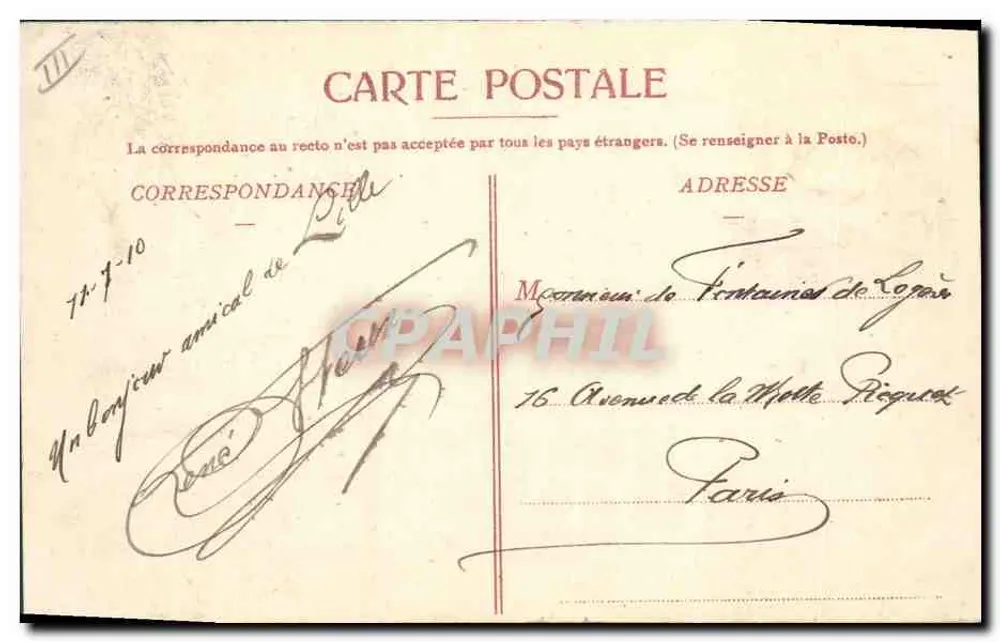 LILLE — Hotel das Postas e Telégrafos — Edição G. L. - Verso