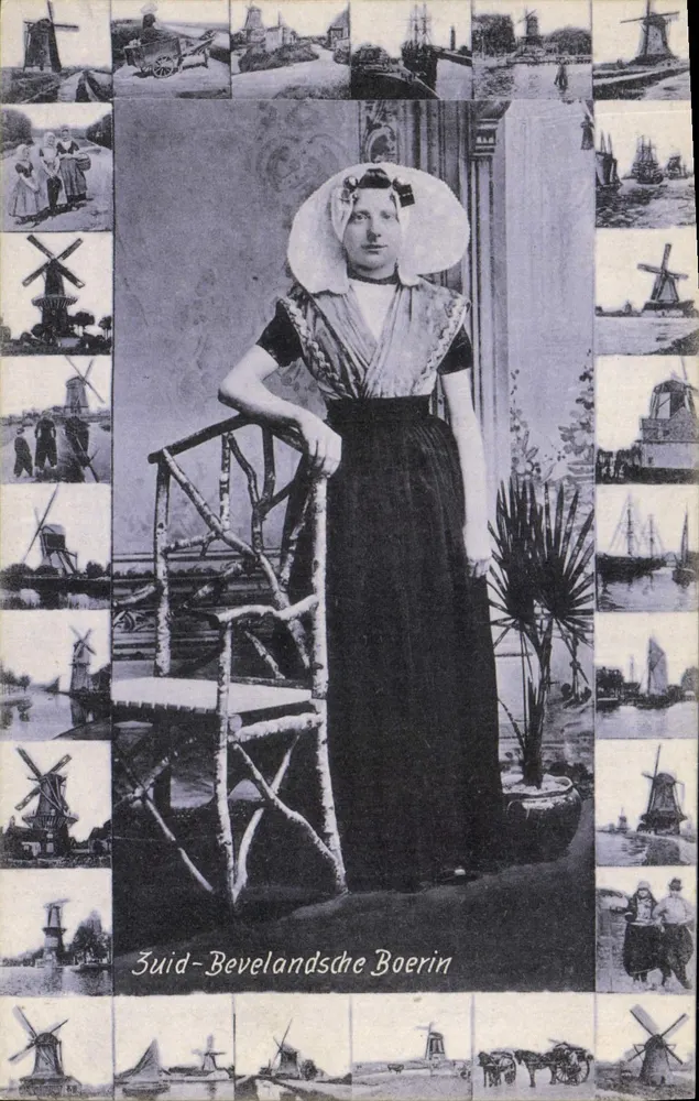 Zuid-Bevelandsche Boerin — carta postal ilustrada com colagem de cenas holandesas — Dr. Trenkler Co., Leipzig - Frente