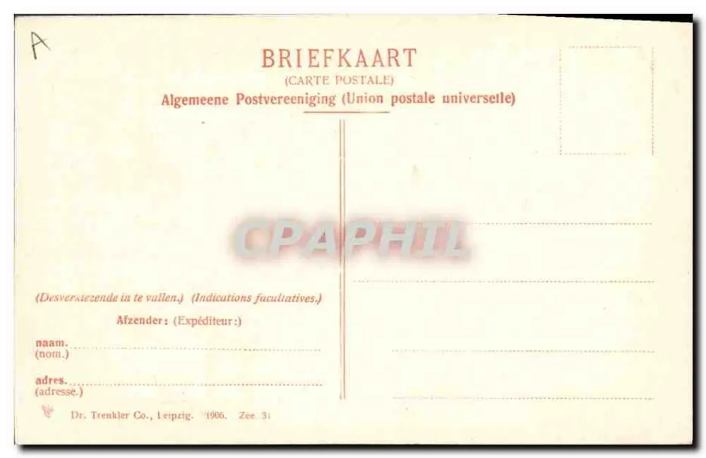 Zuid-Bevelandsche Boerin — carta postal ilustrada com colagem de cenas holandesas — Dr. Trenkler Co., Leipzig - Verso