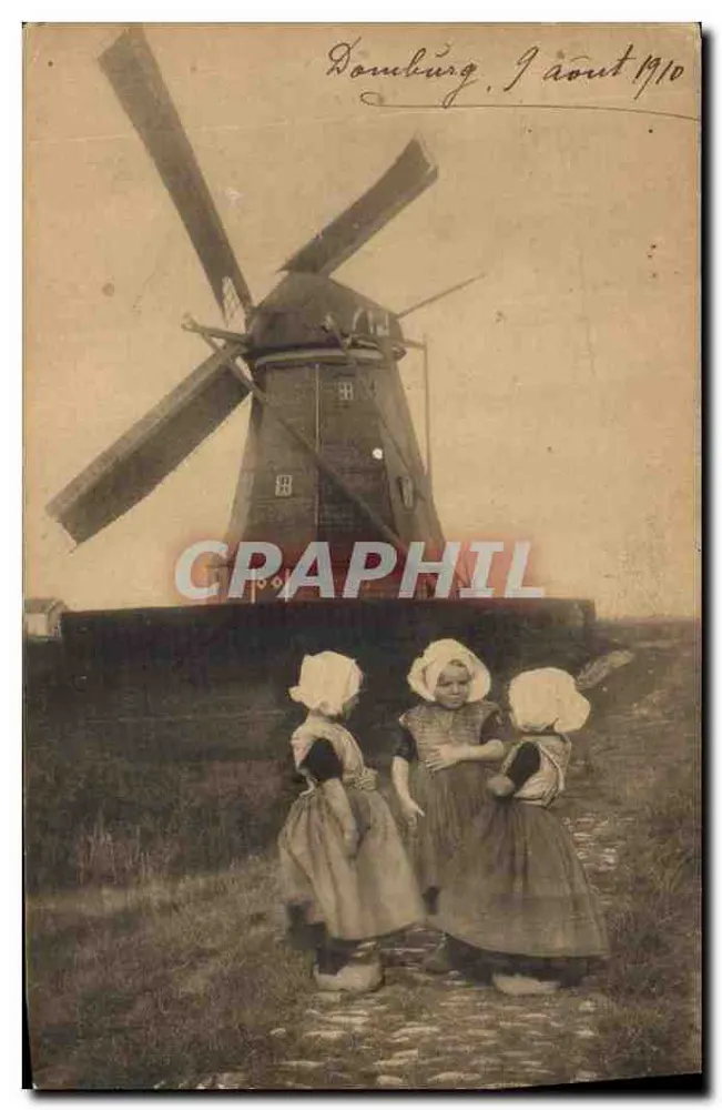 Domburg — três jovens moças diante de uma moinha de vento — editor F. B. den Boer, Middeburg - Frente