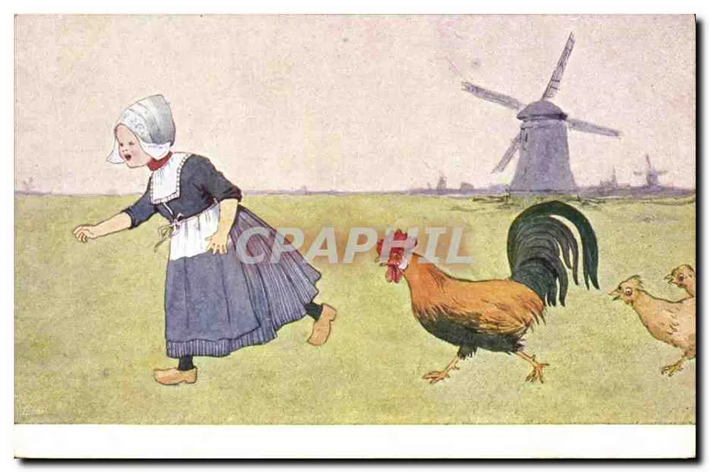 Mulher em traje tradicional holandês com um galinha e pintinhos — moinho de vento no fundo — editor B K W. 1. 618-7 - Frente