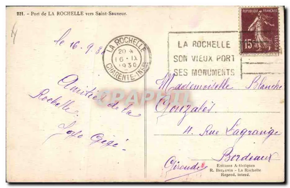 Hafen von La Rochelle — Seine Denkmäler — Künstlereditionen R. Bergevin - Rückseite