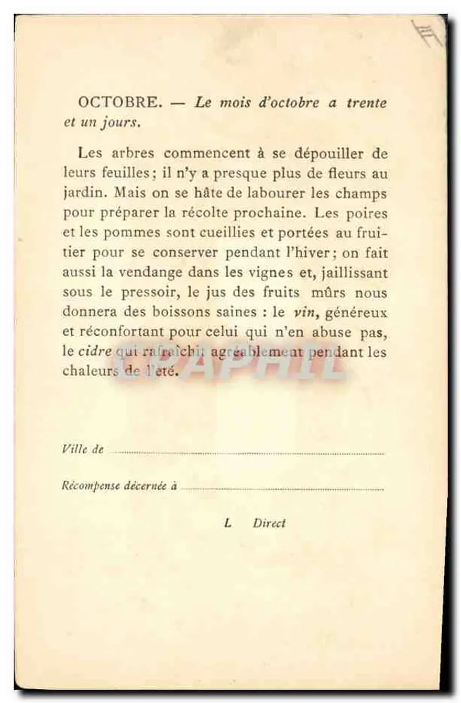 Octobre — Le Labourage, le Laboureur, la Charrue — Les Chevaux de labour. — Les Poires. — Les Asters. - Verso