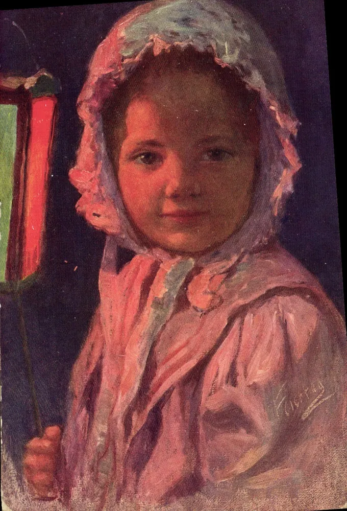 Kleine Mädchen in einem Hut — Ölgemälde — Verlag: B.K.W. Nr. 95c-4 - Vorderseite