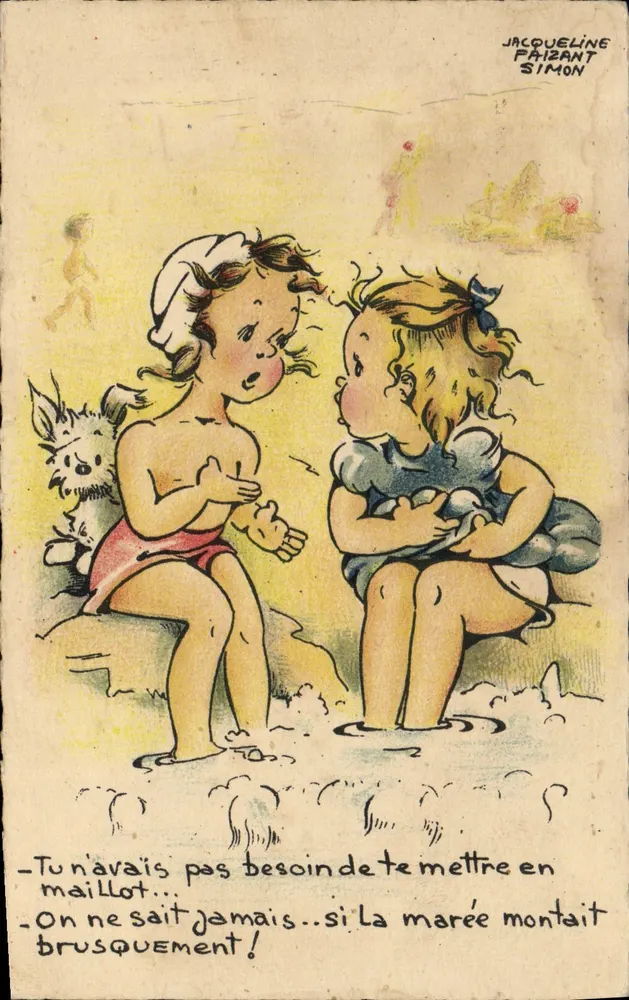 Zwei Kinder am Strand — Zeichnung von Jacqueline Prizant Simon — Seriennummer nicht sichtbar - Vorderseite