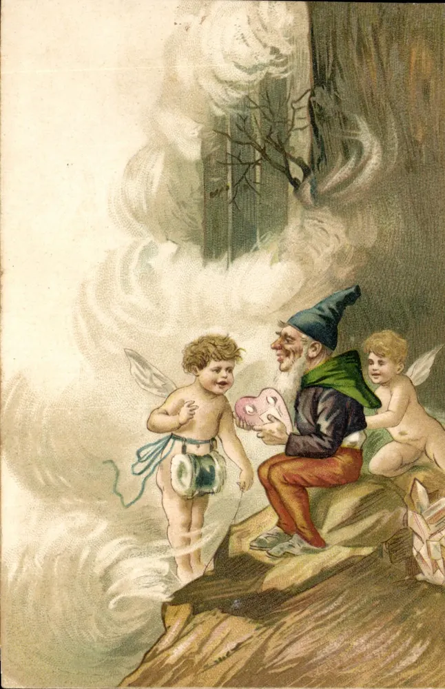 Gnomo e Cupidinos em um paisagem fantástica — editor não visível, número de série não legível - Frente