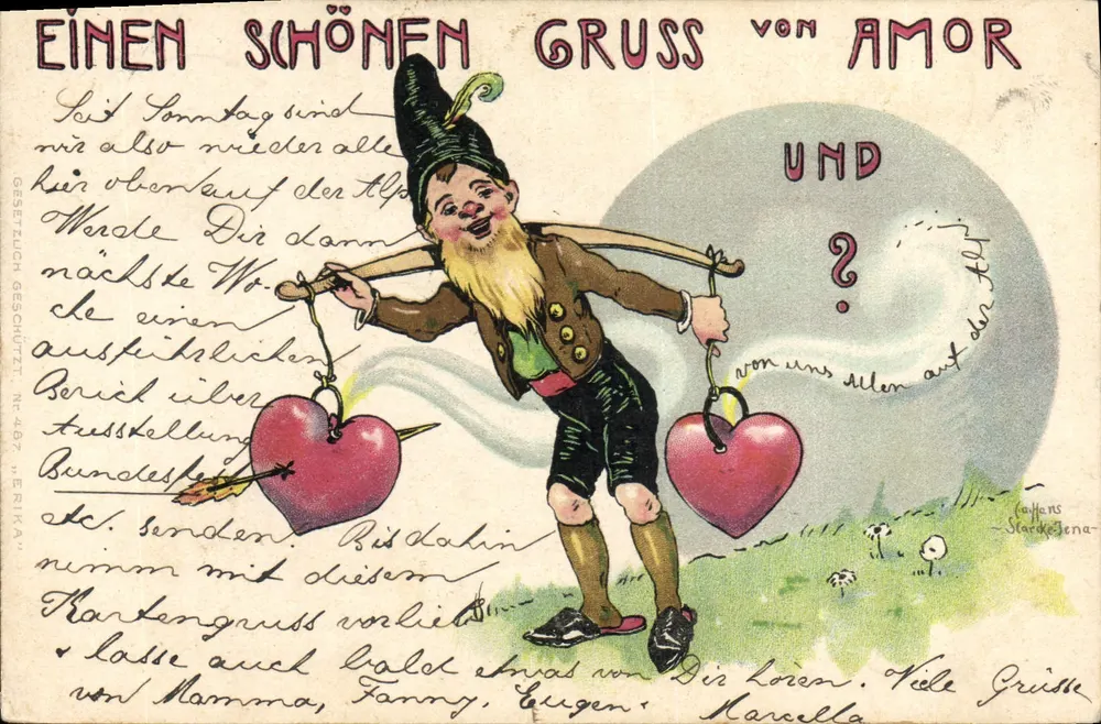 Liebe — humorvolle Karte mit Cupido — Verlag Caffens, Stadtplan Jena, Nr. 407 - Vorderseite