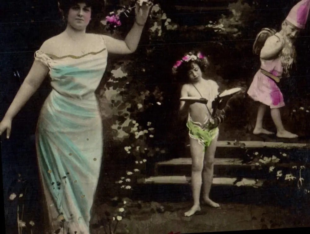 Frau in blauer Robe und zwei Kinder — Garten-Szene — Oranotypie, Steglitz 1904 - Vorderseite