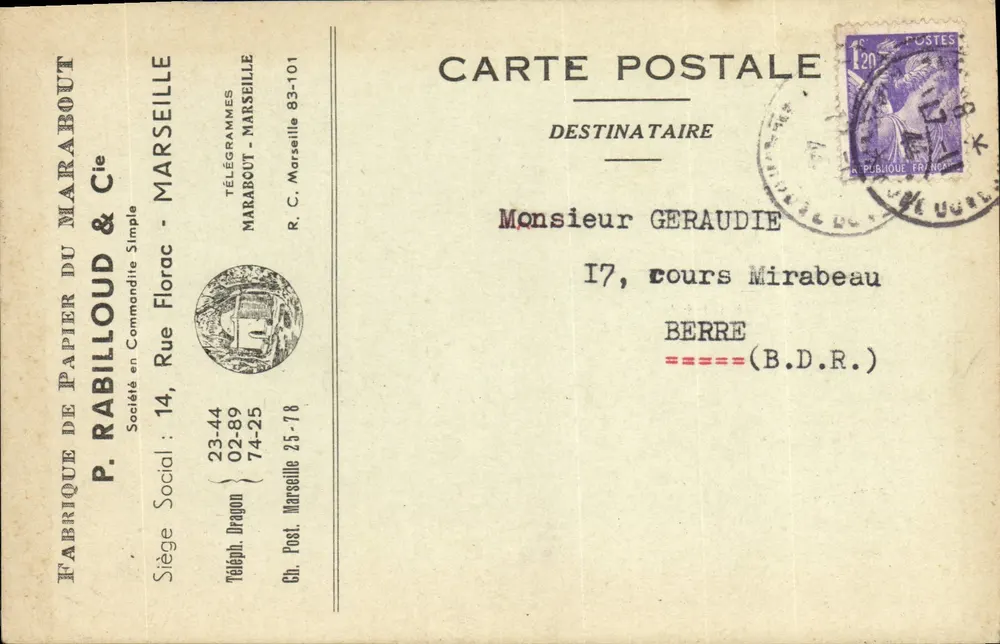 Marseille — Werbeansichtskarte der Marabout & Cie Papierfabrik — Verlag P. Rabilloud & Cie - Vorderseite