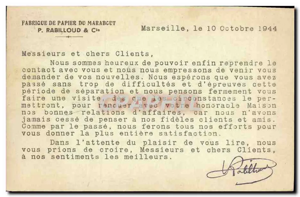 Marseille — Werbeansichtskarte der Marabout & Cie Papierfabrik — Verlag P. Rabilloud & Cie - Rückseite