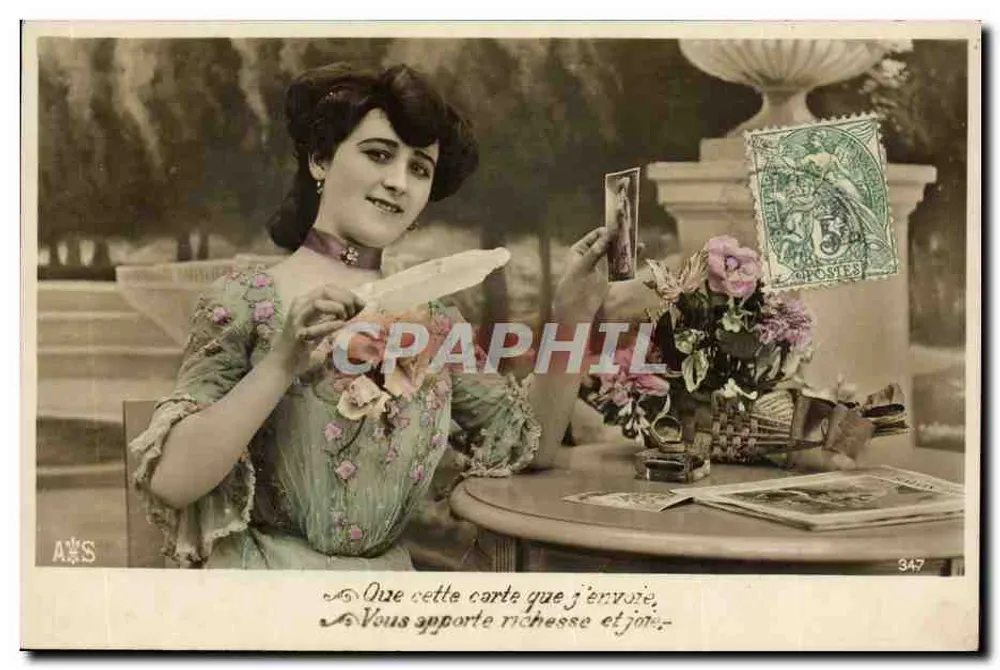 Mujer en vestido con flores — jardín — editor A&S n°347 - Anverso