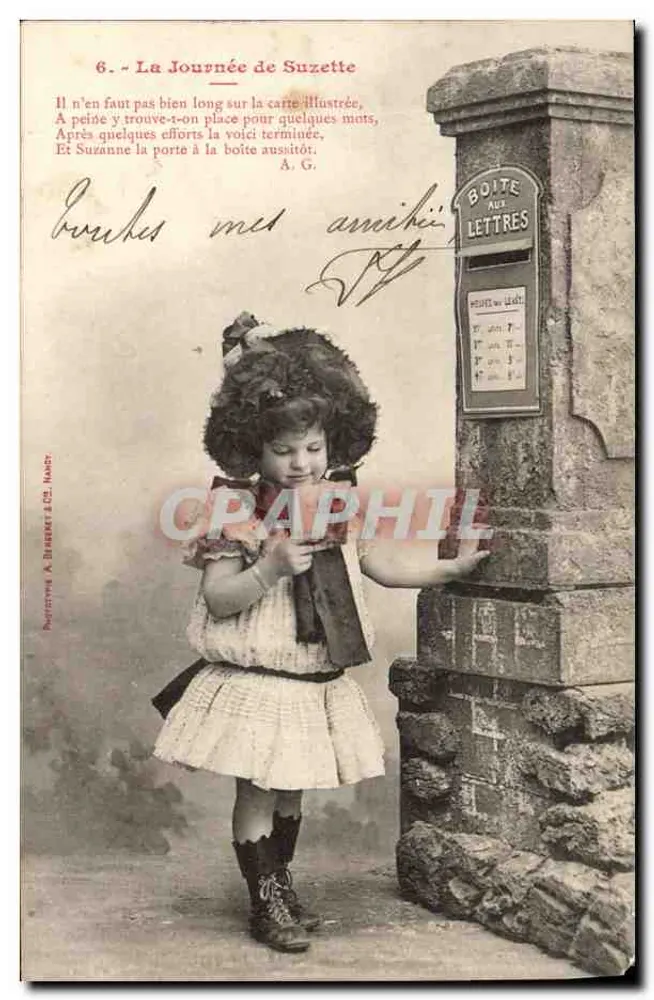 Suzette — Kind vor der Briefkasten — Phototypie A. BESSEAT & Cie, Nancy - Vorderseite