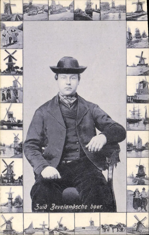 Zuid Bevelandsche boer — retrato de um homem em traje — editor Di Trenkler Co., Leipzig - Frente