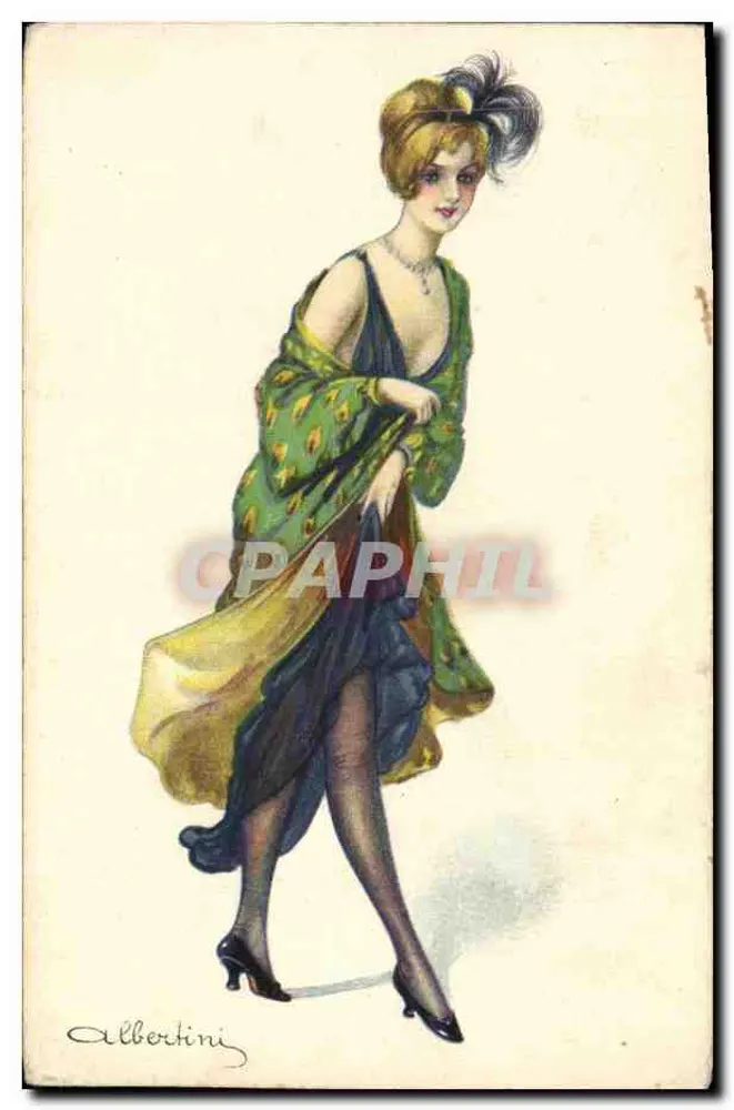 Elegante Frau in blauer Robe und grüner Schärpe — Alberkini — Reserviertes künstlerisches Eigentum N° 2058 - Vorderseite
