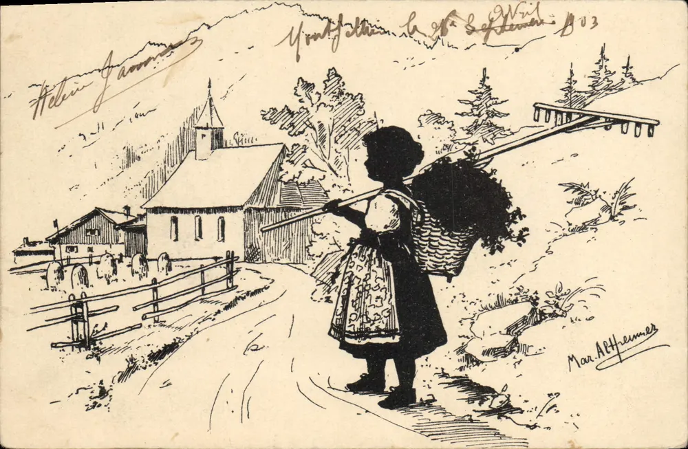 Femme portant un panier — scène de village alpin avec église — éditeur Man. A. Thémermes - Vorderseite