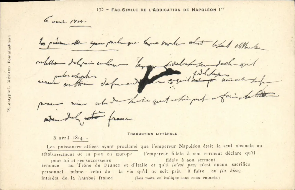 Abdicação de Napoleão I — fac-simile — fototipia L. Ménaud Fountaineau n°175 - Frente