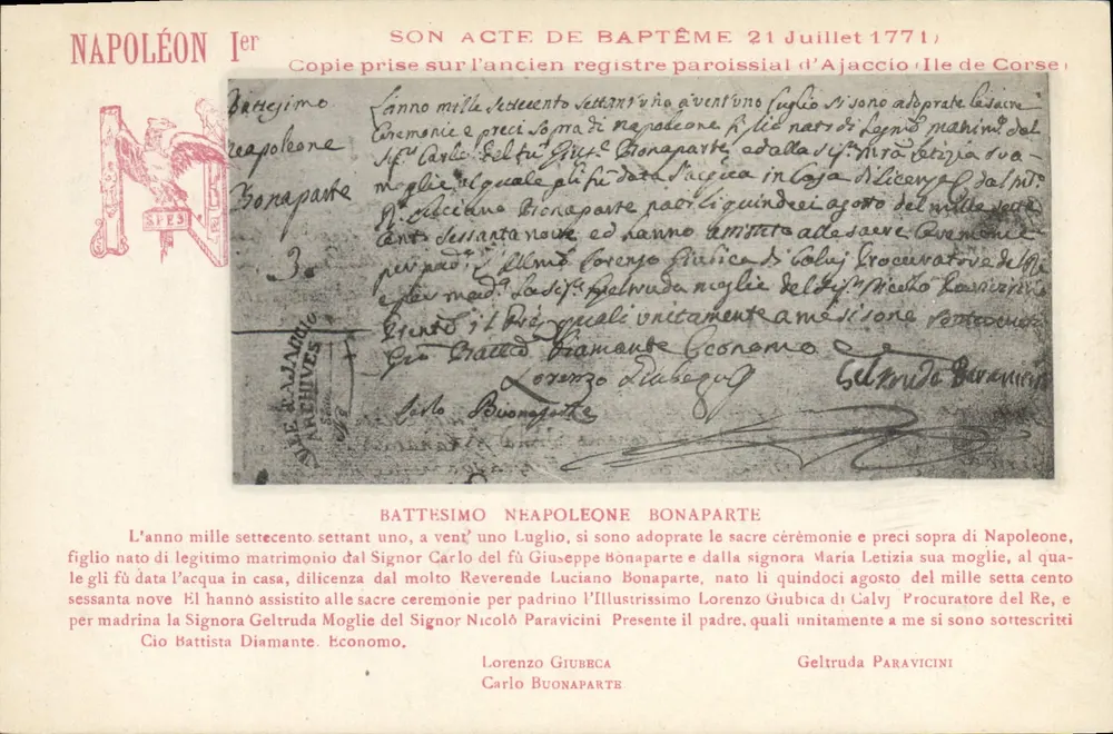 Napoleon I — Taufakt in Ajaccio (Korsika) — Kopie des Kirchenregisters - Vorderseite