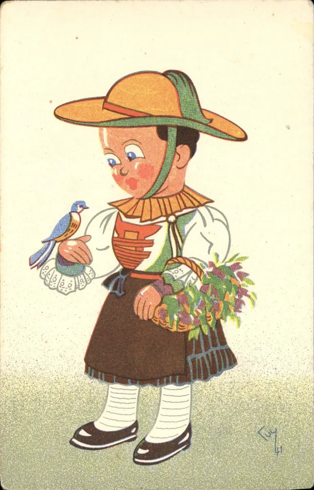 Kind im traditionellen Kleid — mit Vogel und Blumenstrauß — Verlag F. BIRNBAUM, Nr. 41 - Vorderseite