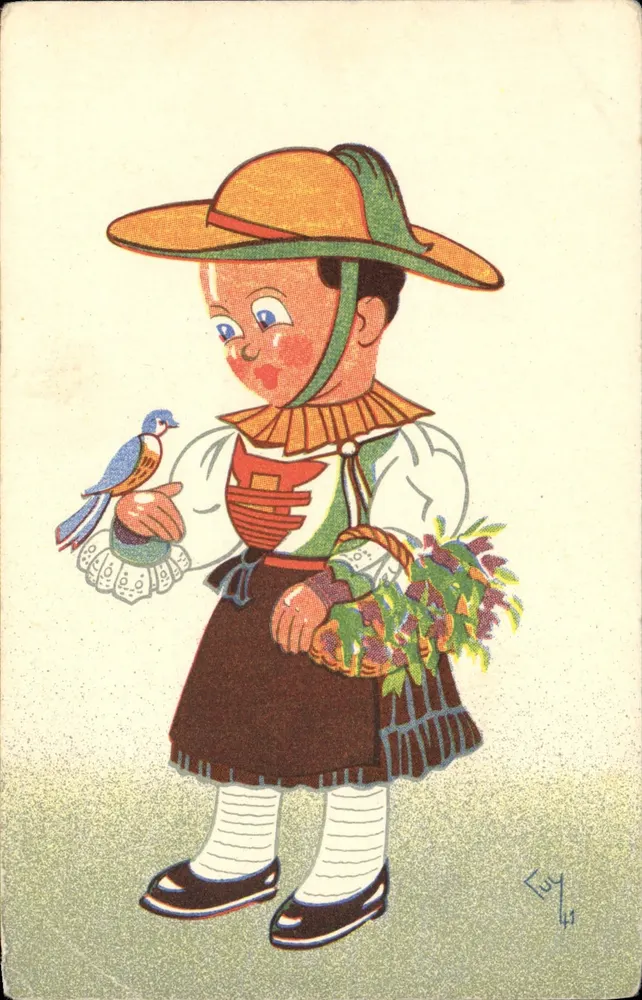 Kind im Volkskostüm — mit Vogel und Blumenkorb — signiert 'L.S.Y. 41' - Vorderseite