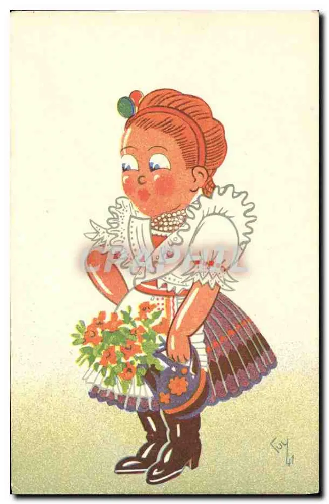 Mädchen im folkloristischen Kleid — Blumenstrauß — Guy 41 - Vorderseite