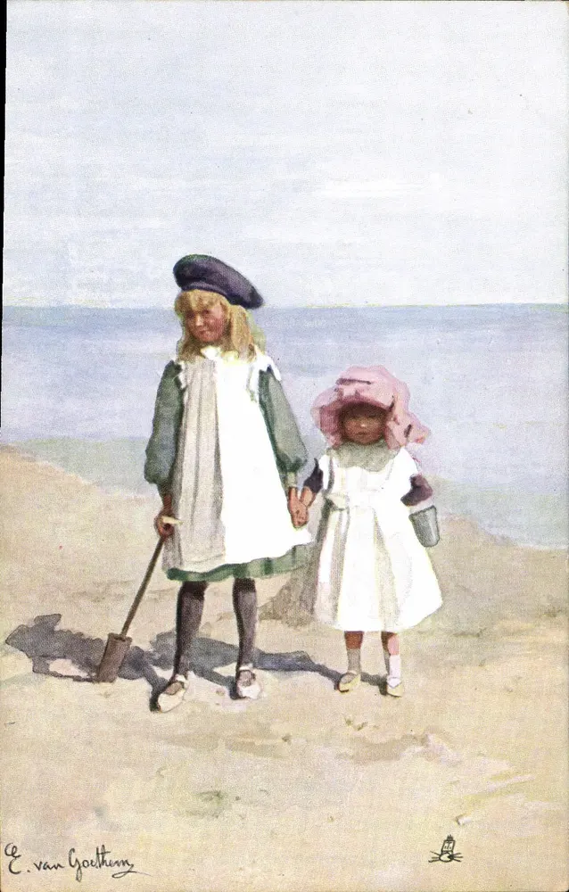 Zwei Kinder am Strand — Malerei von E. van Goethem — Ausgabe Tuck's Post Card - Vorderseite