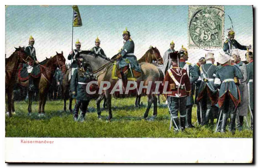 Kaisermanóver — cena militar com cavaleiros em uniforme — editor não identificado - Frente