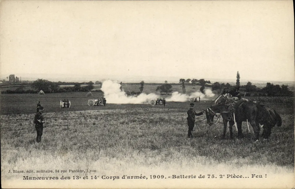 Manöver der 13. und 14. Armee-Korps — 75-mm-Batterie, 2. Geschütz... Feuer! — J. Blane, militärischer Verlag, 84 rue Pasteur, Lyon - Vorderseite