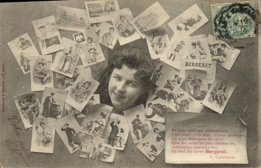Lächelnde Frau umgeben von Kartenpostkarten — Phototypie A. Bergeret & Cie, Nancy — Serie Bergeret - Vorderseite