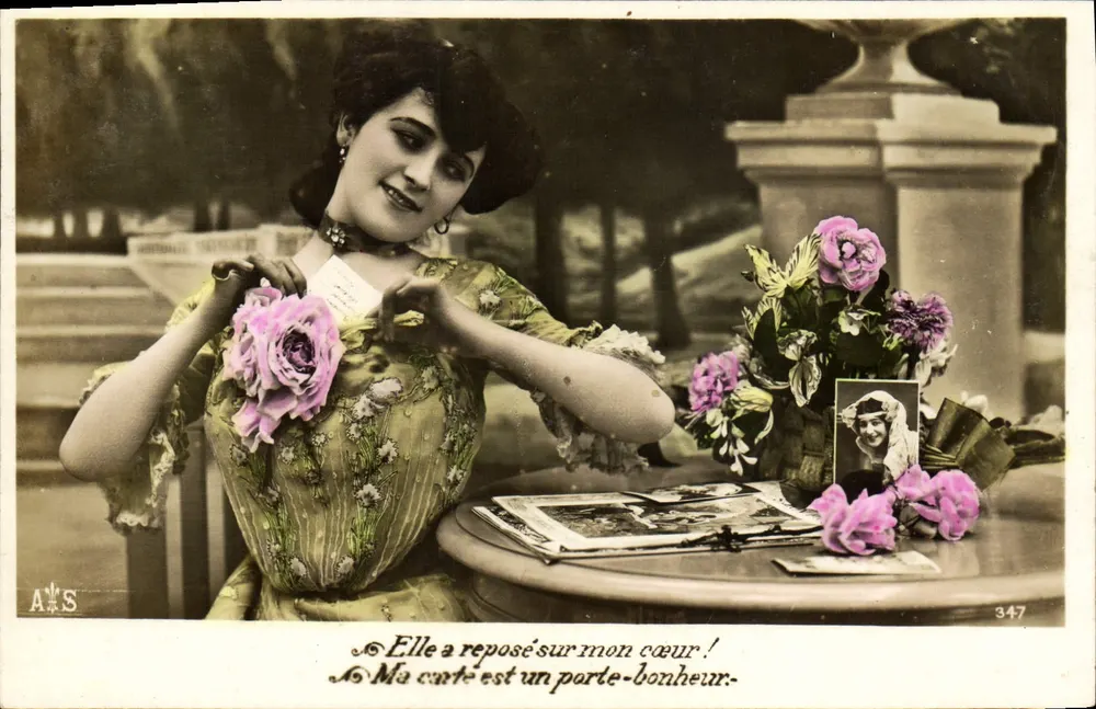 Mujer con rosa — texto sentimental — editor A&S n°347 - Anverso