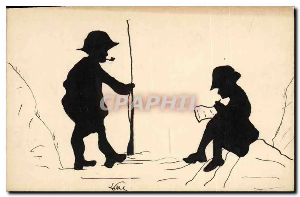 Zwei Kinder in Silhouette — Berglandschaft — Zeichnung von Léon - Vorderseite