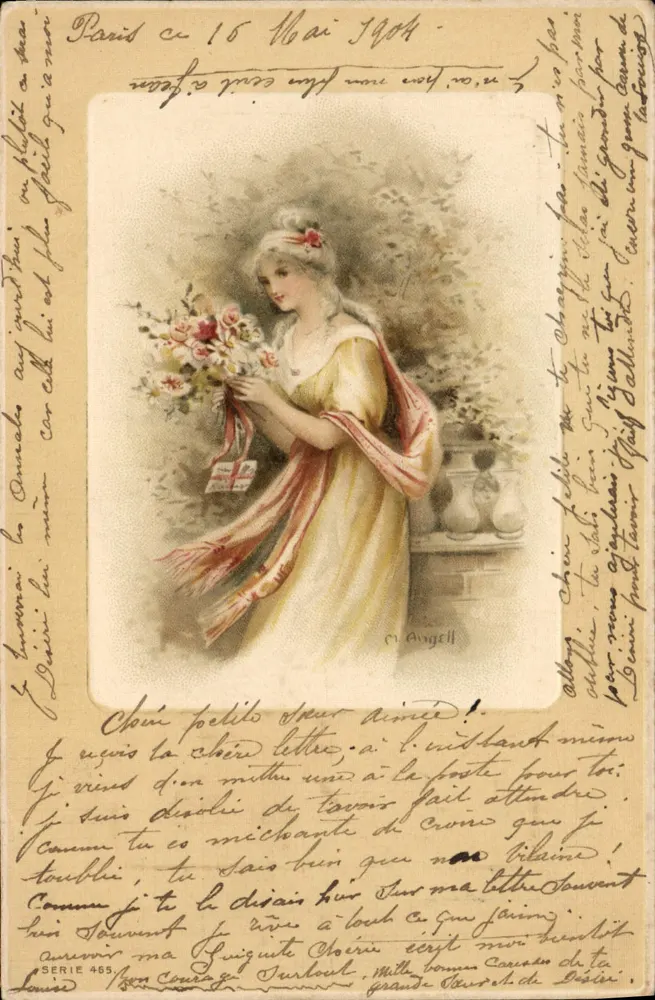 Frau in gelber Robe mit Blumenstrauß — Serie 465 — C. Angell - Vorderseite