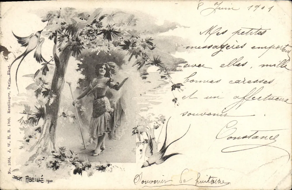Frau im Bühnenkostüm — unter einem blühenden Baum — Verlag Jack Abeillé, Paris, Nr. 1384 - Vorderseite