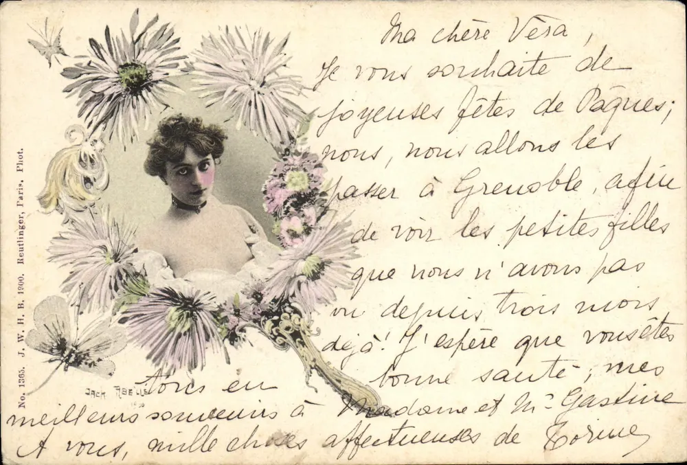 Frau in weißem Kleid — Blumen-Verzierung — J.W.H. R. 1900, Reutlinger, Paris - Vorderseite