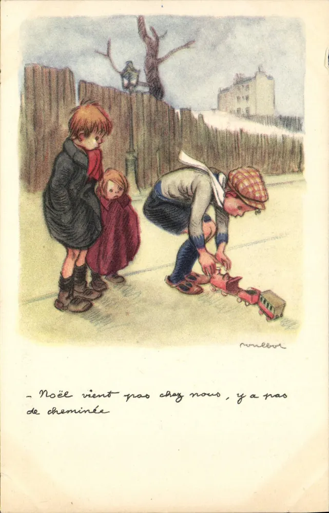 Kinder, die mit einem Spielzeugzug spielen — Winterlandschaft — Verlag Rameau, Paris - Vorderseite