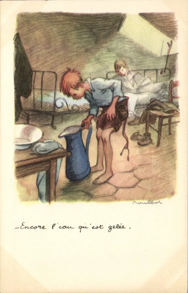 Kind, das gefrorenes Wasser gießt — Illustration von Nourbost — Nationale Liga gegen Slums - Vorderseite