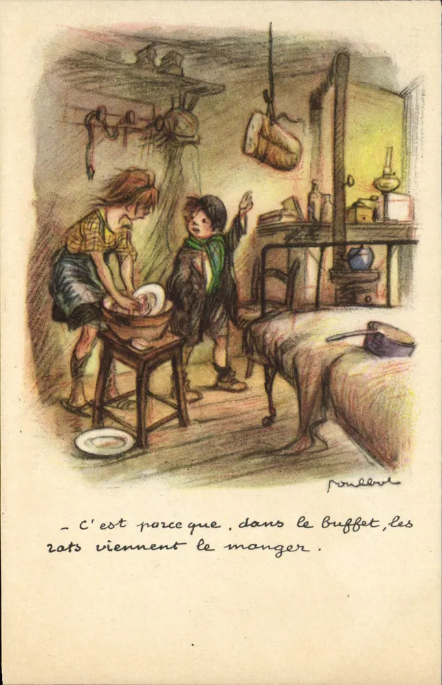 Thema: Kinder in der Küche — humorvoller Text — Nationale Liga gegen Slums, Paris - Vorderseite