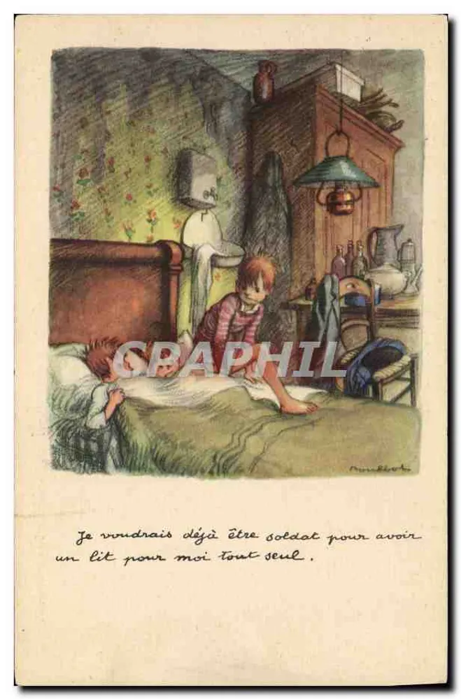 Kind im Bett — Illustration — Nationale Liga gegen Slums - Vorderseite