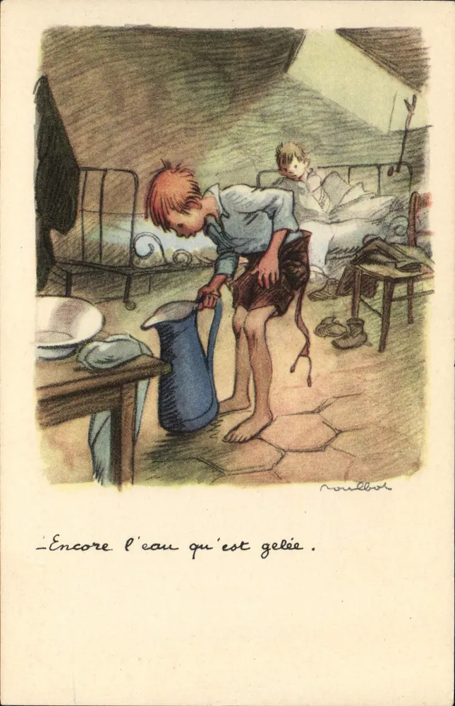 Kind, der gefrorenes Wasser gießt — Illustration von Norrellot — Nationale Liga gegen Slums - Vorderseite