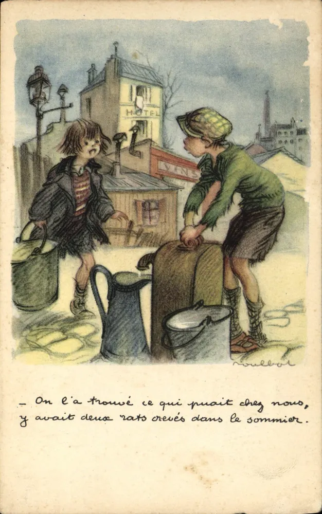 Zwei Kinder neben einem Bettgestell — Illustration von Noulbrot — Nationale Liga gegen Slums - Vorderseite