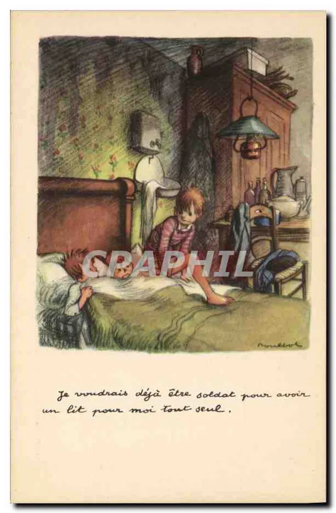 Kind im Bett — Bitte um ein eigenes Bett — Zeichnung von R. Nunez - Vorderseite