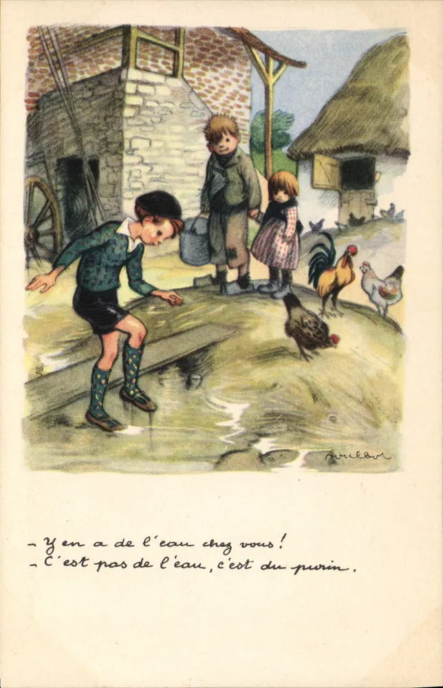 Kinder, die neben einem Brunnen spielen — humorvoller Moment — Verlag Pireldor - Vorderseite