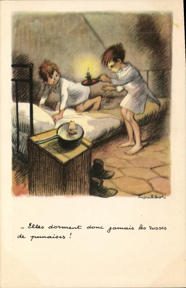 Zwei Kinder in einem Zimmer — humoristische Illustration — Nationale Liga gegen Slums - Vorderseite